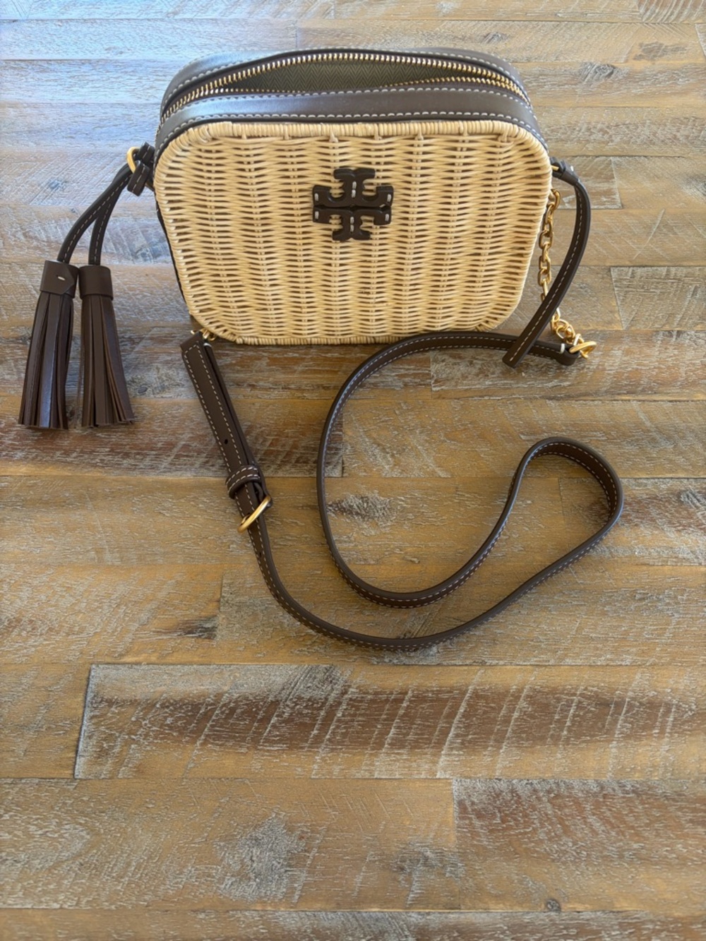 Tory Burch Wicker and Brown Leather Crossbody with Tassel